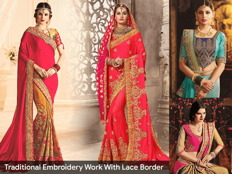 Embroidery work with lace border saree